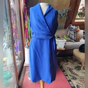 Jones New York Silk Dress 8 Blue Sleeveless Wrap Tie Zip Back Career Event